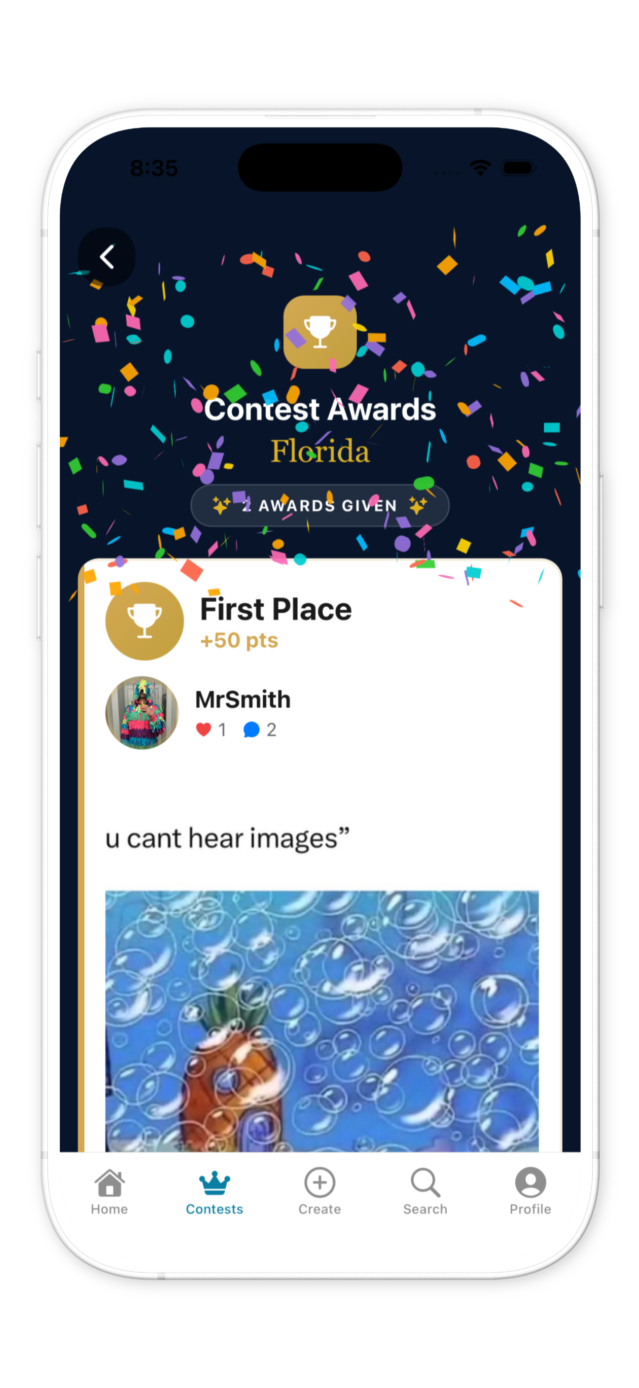 RivalMe contest awards screen with confetti celebrating a First Place win