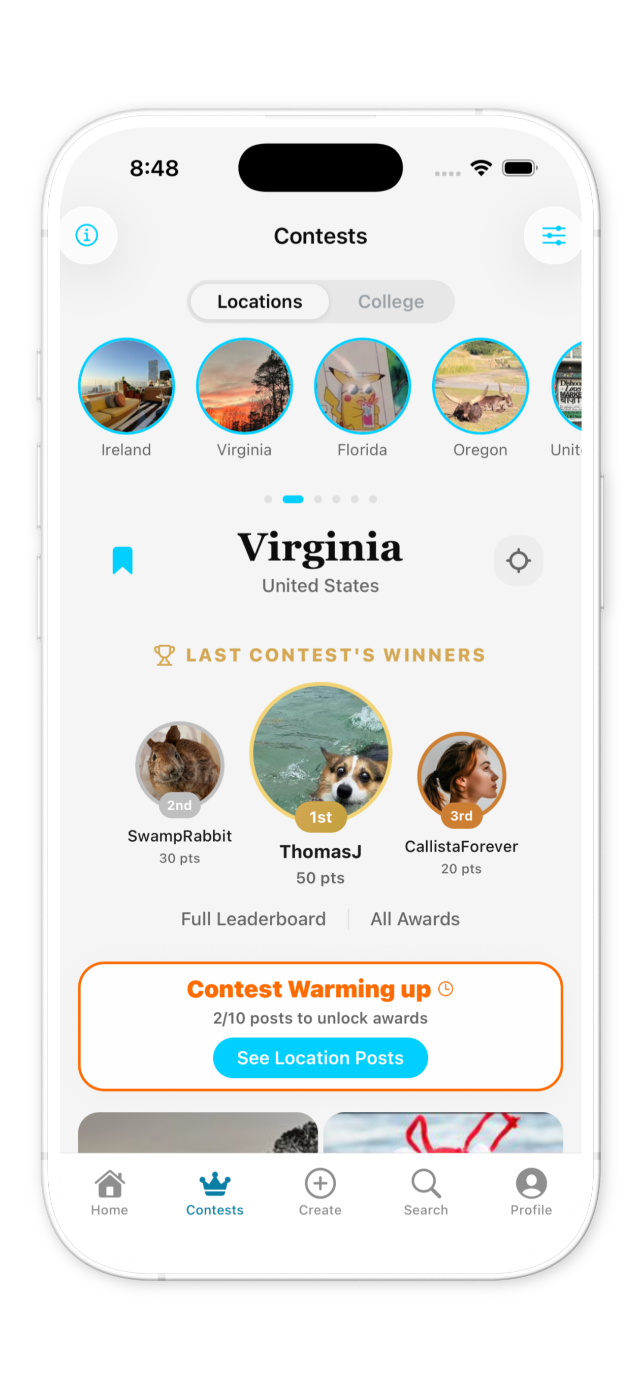 RivalMe contests screen showing locations, last contest winners, and regional competitions