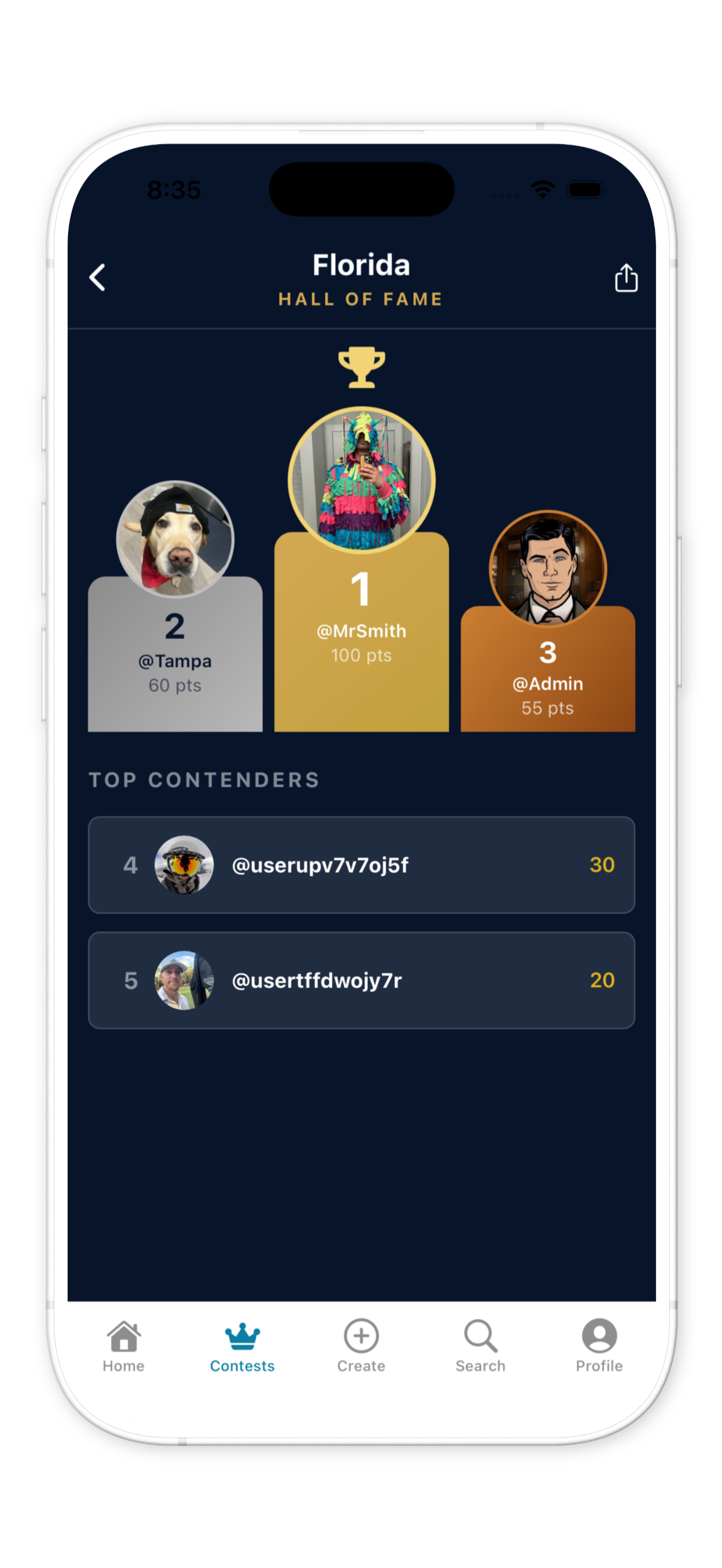 RivalMe Hall of Fame podium showing top 3 creators in Florida